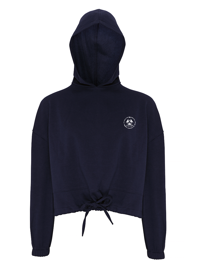 Navy blue hoodie with a small logo on the chest against a white background