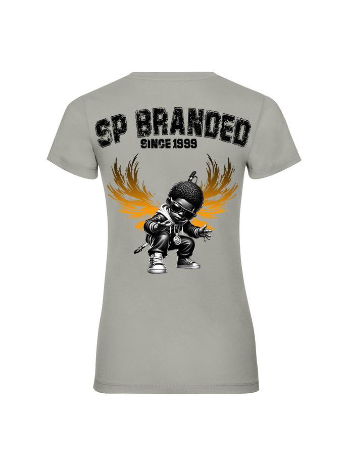 Gray t-shirt with a graphic design and text on the back, displayed on a white background.