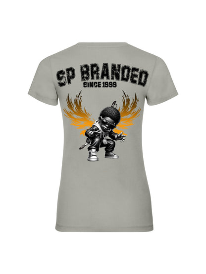Gray t-shirt with a graphic design and text on the back, displayed on a white background.