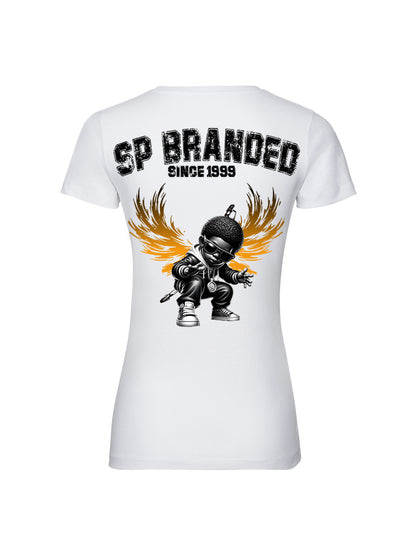 White t-shirt with a graphic design and 'SP Branded Since 1999' text on a white background